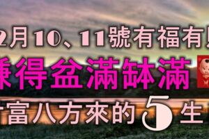 12月10、11號，有福有財，賺得盆滿缽滿，財富八方來的5生肖！