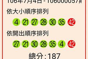 7/4（二） 大樂開獎號碼及開獎單